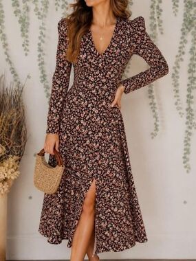 NWT ASTR The Label Floral Midi Dress Black Clay Shoulder Pad High Side Slit Sz S